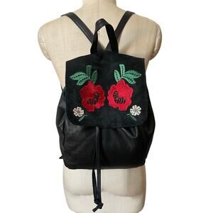 Vintage Black Leather Backpack with Red Flower Embroidery